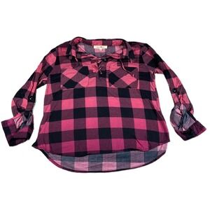 Wishful Park Womens Pink Black Buffalo‎ Plaid Lace Up Front Flannel Shirt Size M